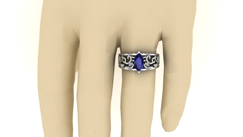 unique leaf Ring Gift For Women. Art Deco Moissanite Ring 1.15 Blue Sapphire Engagement Weeding Bridal Ring Marquise shape Filigree Ring