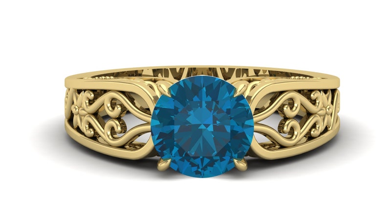 2.35Cts London Blue Topaz Engagement Ring,Vintage Art Deco Moissanite Ring,14k Rose Gold Vermeil Unique Filigree Ring Gift For Anniversary.