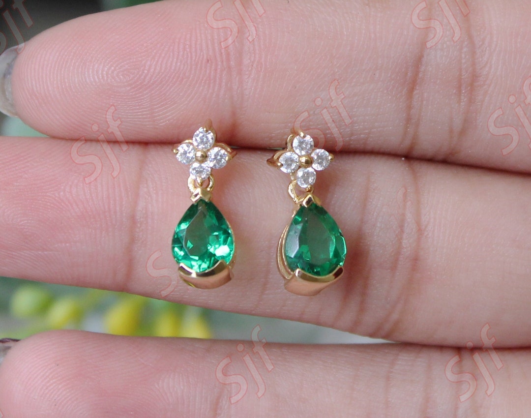 Push Post Pear Shape 8x6mm Lab Grown Emerald Wedding Earring 925 Silver Stud ...