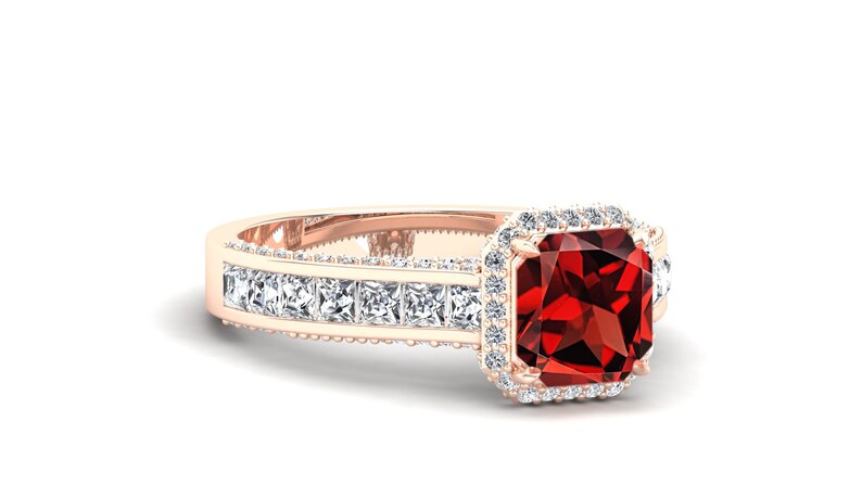 Red Stone Ring Halo Ring Gift For Her. Vintage Art Deco Ring Red Garnet Engagement Bridle Ring Octagon Ring Solitaire Ring 2.00ct