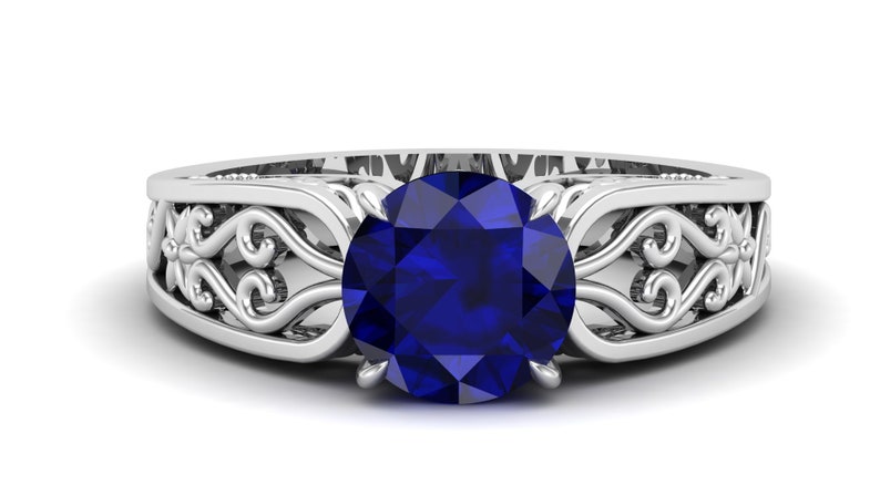 Gift For Birthday. 2.40Cts Blue Sapphire Engagement Wedding Bridal Ring Unique Round Shape Filigree Ring Vintage Art Deco Moissanite Ring