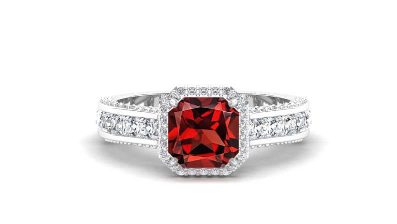 Red Stone Ring Halo Ring Gift For Her. Vintage Art Deco Ring Red Garnet Engagement Bridle Ring Octagon Ring Solitaire Ring 2.00ct
