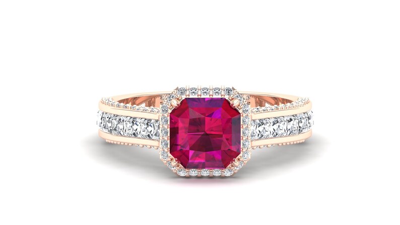 Red Stone Ring Halo Ring Gift For Her. Vintage Art Deco Ring Red Garnet Engagement Bridle Ring Octagon Ring Solitaire Ring 2.00ct