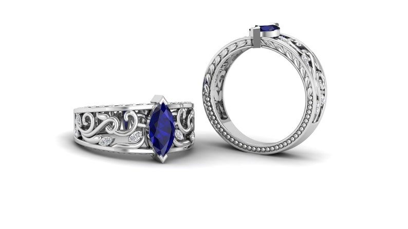 unique leaf Ring Gift For Women. Art Deco Moissanite Ring 1.15 Blue Sapphire Engagement Weeding Bridal Ring Marquise shape Filigree Ring