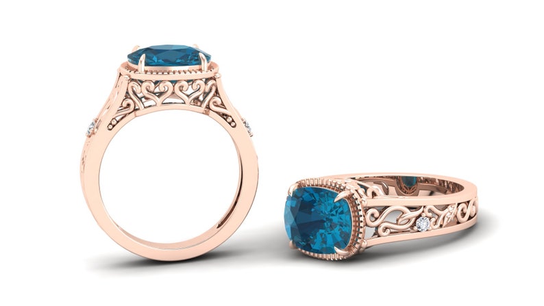 3.50cts London Blue Topaz Engagement Ring,14k Rose Gold Vermeil Unique Filigree Ring,Vintage Art Deco Moissanite Ring Gift for Anniversary.