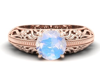 1.24 Ct. Moonstone Engagement Wedding Bridal Ring, Vintage Art Deco Ring, Unique Filigree Ring,Nature Inspired Ring, Round Shape Ring.