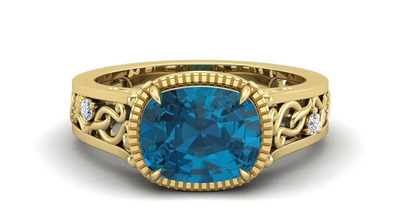 3.50cts London Blue Topaz Engagement Ring,14k Rose Gold Vermeil Unique Filigree Ring,Vintage Art Deco Moissanite Ring Gift for Anniversary.