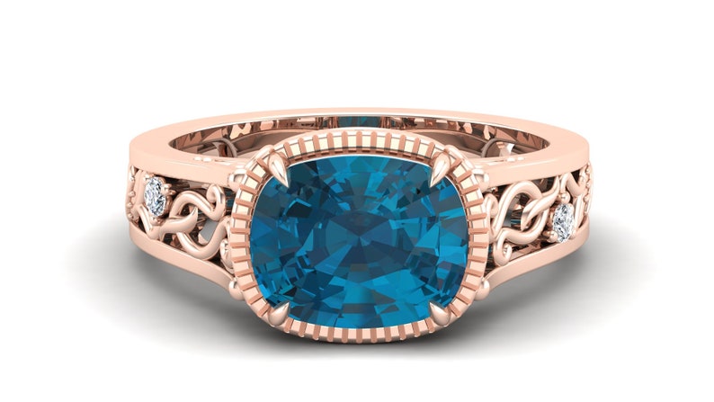 3.50cts London Blue Topaz Engagement Ring,14k Rose Gold Vermeil Unique Filigree Ring,Vintage Art Deco Moissanite Ring Gift for Anniversary.