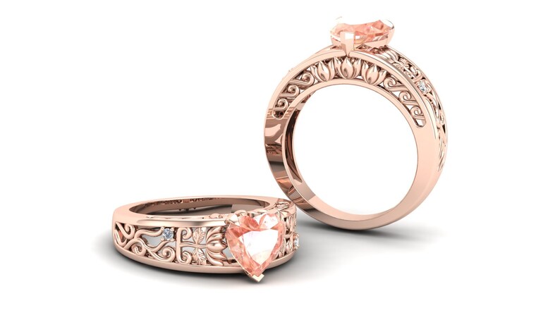 1.60cts Peach Morganite Engagement Ring,Antique Heart Shape Ring,Unique Louts Flower Ring,Art Deco Moissanite Filigree Ring,Gift For Women.