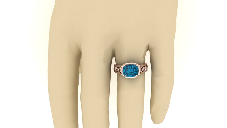 3.50cts London Blue Topaz Engagement Ring,14k Rose Gold Vermeil Unique Filigree Ring,Vintage Art Deco Moissanite Ring Gift for Anniversary.