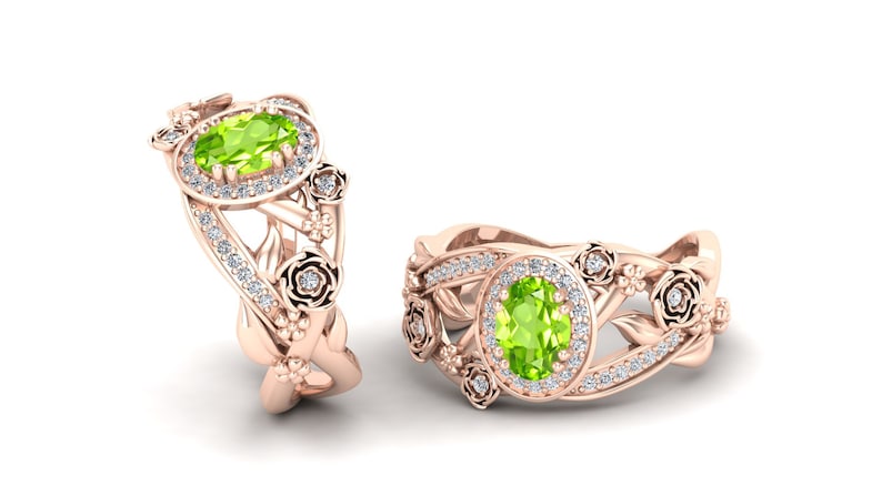 Vintage Art Deco Ring Solitaire Ring Halo Ring Flower Ring Peridot Engagement Bridle Ring Moissanite Ring Oval Ring Floral Ring.