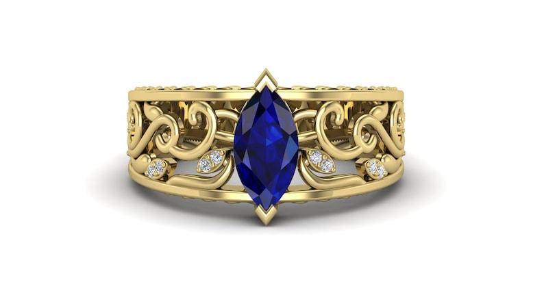 unique leaf Ring Gift For Women. Art Deco Moissanite Ring 1.15 Blue Sapphire Engagement Weeding Bridal Ring Marquise shape Filigree Ring