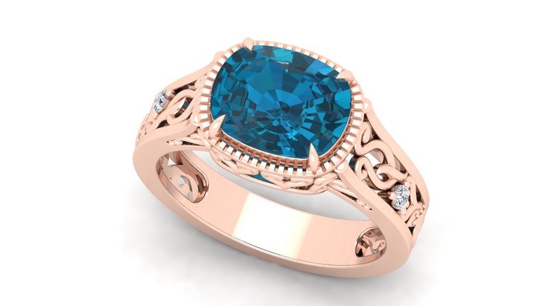 3.50cts London Blue Topaz Engagement Ring,14k Rose Gold Vermeil Unique Filigree Ring,Vintage Art Deco Moissanite Ring Gift for Anniversary.