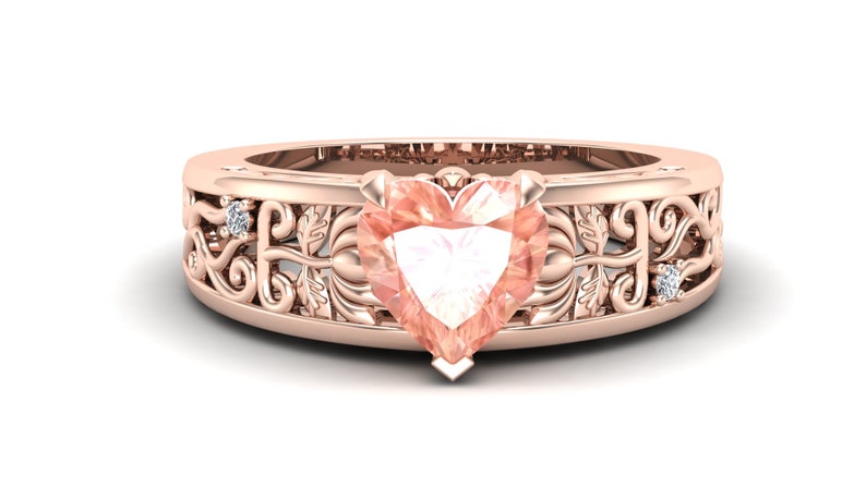 1.60cts Peach Morganite Engagement Ring,Antique Heart Shape Ring,Unique Louts Flower Ring,Art Deco Moissanite Filigree Ring,Gift For Women.