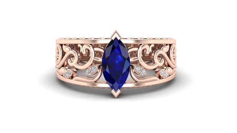 unique leaf Ring Gift For Women. Art Deco Moissanite Ring 1.15 Blue Sapphire Engagement Weeding Bridal Ring Marquise shape Filigree Ring
