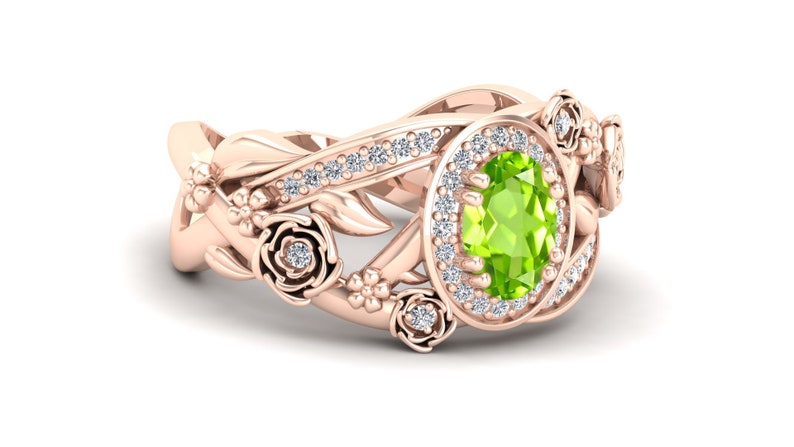 Vintage Art Deco Ring Solitaire Ring Halo Ring Flower Ring Peridot Engagement Bridle Ring Moissanite Ring Oval Ring Floral Ring.