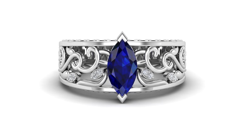 unique leaf Ring Gift For Women. Art Deco Moissanite Ring 1.15 Blue Sapphire Engagement Weeding Bridal Ring Marquise shape Filigree Ring