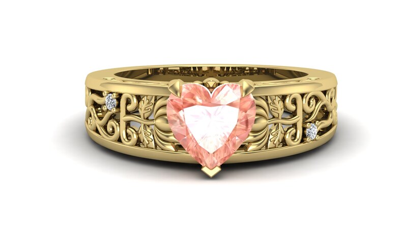 1.60cts Peach Morganite Engagement Ring,Antique Heart Shape Ring,Unique Louts Flower Ring,Art Deco Moissanite Filigree Ring,Gift For Women.