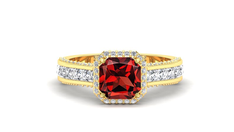 Red Stone Ring Halo Ring Gift For Her. Vintage Art Deco Ring Red Garnet Engagement Bridle Ring Octagon Ring Solitaire Ring 2.00ct