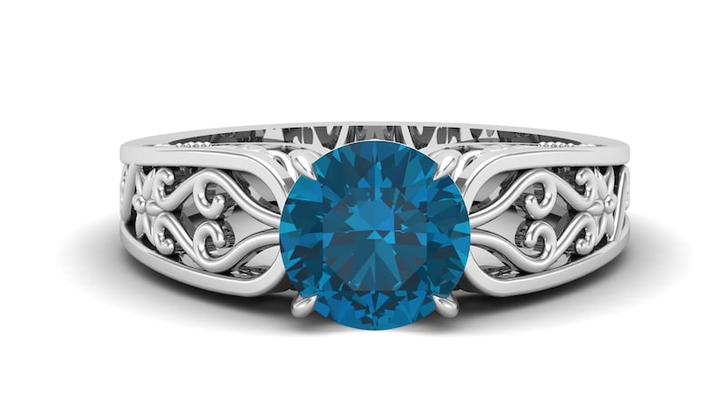2.35Cts London Blue Topaz Engagement Ring,Vintage Art Deco Moissanite Ring,14k Rose Gold Vermeil Unique Filigree Ring Gift For Anniversary.
