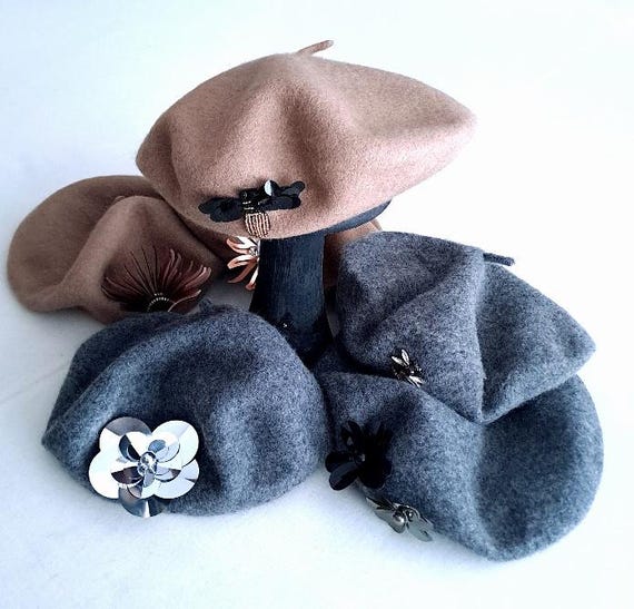 100%ウールフェルト装飾ベレー帽 - Etsy 日本