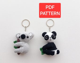 May include: Two crochet keychains: a gray koala holding a branch and a black and white panda. The koala has black eyes and a gray body. The panda has black and white fur. The keychains have silver rings. A red rectangle with "PDF PATTERN" is in the background.