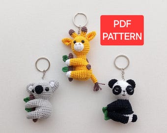 Patrón de llavero de crochet de jirafa, panda y koala (descarga en PDF)