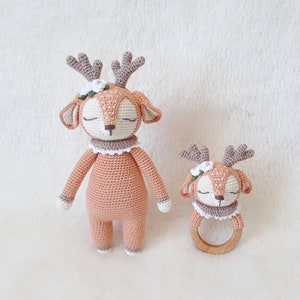 Crochet Deer Doll & Rattle Set: Handmade Cotton Amigurumi Toy
