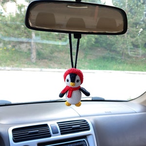 Acessórios de crochê para carro, pingente de pinguim de crochê para carro, pingente de pinguim para espelho retrovisor de carro, chaveiro de pinguim personalizado, pingente de pinguim para carro