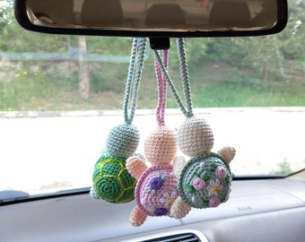 Crochet Car Accessories, Crochet turtle car mirror hanging accessories, Crochet turtle bag accessories, Turtle Car Hanging, For Car Gift