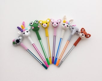 Crochet Pencil Toppers, Amigurumi Pencil Toppers, Unicorn Pencil Topper, Frog Pencil Topper, Fox Pencil Topper, Cat Pencil Topper, Holder