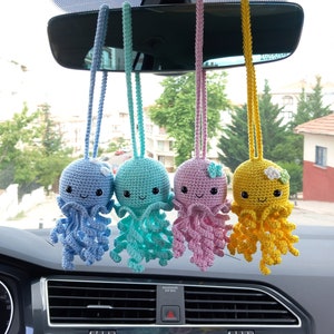 Crochet Jellyfish Car Accessories, Jellyfish Mirror Hanging, Jellyfish Car Charm, Rear View Mirror For Women, Crochet jellyfish car hanger,