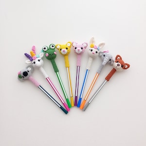 Crochet Pencil Toppers, Amigurumi Pencil Toppers, Unicorn Pencil Topper, Frog Pencil Topper, Fox Pencil Topper, Cat Pencil Topper, Holder