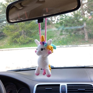 Crochet Unicorn Car Charm: Handmade Cotton Car Mirror Hanging