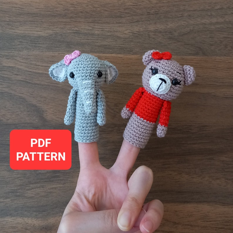 Crochet Elephant Finger Puppet Pattern, Amigurumi Bear Finger Puppet