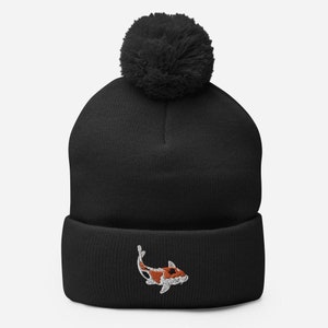 Koi Fish Embroidered Pom-Pom Beanie, Winter for Men and Women,Embroidered to Order,Embroidery Winter Unisex Pom-Pom Beanie Hat