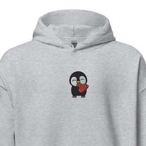 Cute Penguin Hugging Heart Unisex Hoodie, Handmade Embroidered Hoodie, Premium Hooded Sweater, Hoodie Embroidery - Multiple Colors