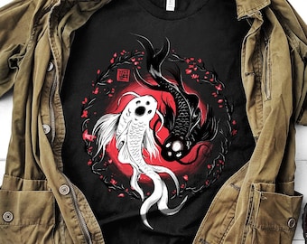 Camisa de pescado Koi Yinyang, ropa de calle japonesa, camisa estética, camisa japonesa, obra de arte japonesa, camisa de la suerte, camisa unisex de regalos estéticos