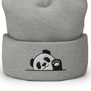 Waving Panda Bordado Gorro con puño, Amante del panda, Regalo de panda, Sombrero de panda, Panda lindo, Panda divertido, Panda de invierno, Panda kawaii Gorro con puño