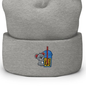 Cute Koala Hug Boba Embroidered Cuffed Beanie, Koala lover Gift,Bubble tea , Koala Hat, Koala Cap, Funny Koala, Koala winter, kawaii Beanie