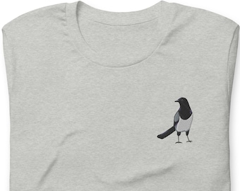 Embroidered Magpie Bird T-Shirt: Unisex Short Sleeve Tee