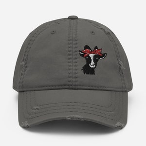 Goat Bandana Embroidered Hat, Distressed Baseball Cap Hat, Vintage Dad Hat, Goat with Bandana Bow, Farm Girl Hat, Goat Lover Gift Cap