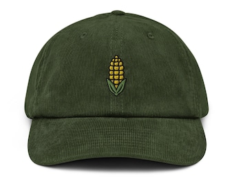 Corn Corduroy Hat, Cute Corn Lover Gift Cap, Farmer Gift Hat, Corn Kawaii Design Hat, Handmade Embroidered Corduroy Dad Cap -Multiple Colors