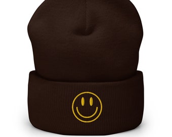 Smiley Embroidered Cuffed Beanie Hat, Smiley Face Beanie, Smiley Embroidered Knit Beanie, Smile Face Hat, Embroidered Beanie, Cuffed Beanie