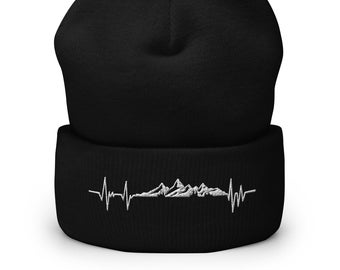 Mountains Heartbeat Embroidered Cuffed Beanie, Nature Lover Hat, Hiking T-Shirt, Outdoor Cap, Hiking Mom Clothing, Nature Lover Camp Gift
