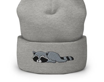 Cute Lazy Raccoon Embroidered Cuffed Beanie, Raccoon hat,Raccoon lover, Raccoon gift, Cute Raccoon, Funny Raccoon, Raccoon winter kawaii Hat