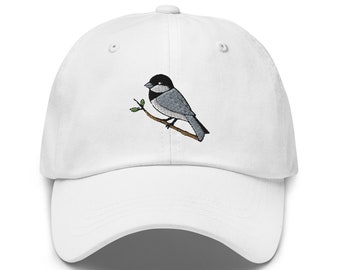 Chickadee Bird Embroidered Dad Hat, Black Capped Wildlife Bird Watcher Gift, Handmade Adjustable Baseball Dad Caps Gifts - Multiple Colors