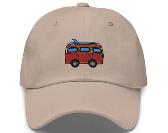 Surf Van Dad Hat, Van Camper Hat, Surf Lover Gift, Embroidered Unisex Hat, Handmade Dad Cap, Adjustable Baseball Cap Gift - Multiple Colors