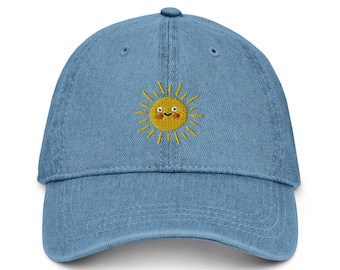 Happy Sun Embroidered Denim Hat, Adjustable Strap Back, Adult Unisex, Baseball Cap for Summer, Sunshine Dad Hats, Cute Embroidery Gifts Caps