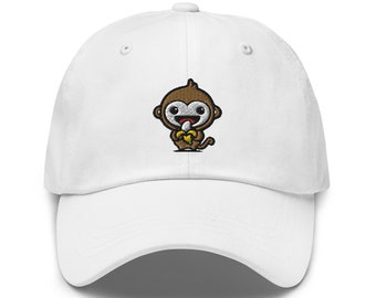 Cute Monkey Eating Banana Embroidered Dad Hat, Monkey Baseball Dad Cap Monkey Lover Gift Handmade Adjustable Dad Cap Gifts - Multiple Colors
